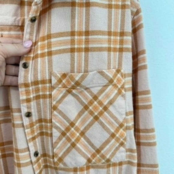 Aerie Womens‎ Plaid Flannel Shirt Shacket Button Up Long Sleeve Peach Orange - Picture 4 of 6